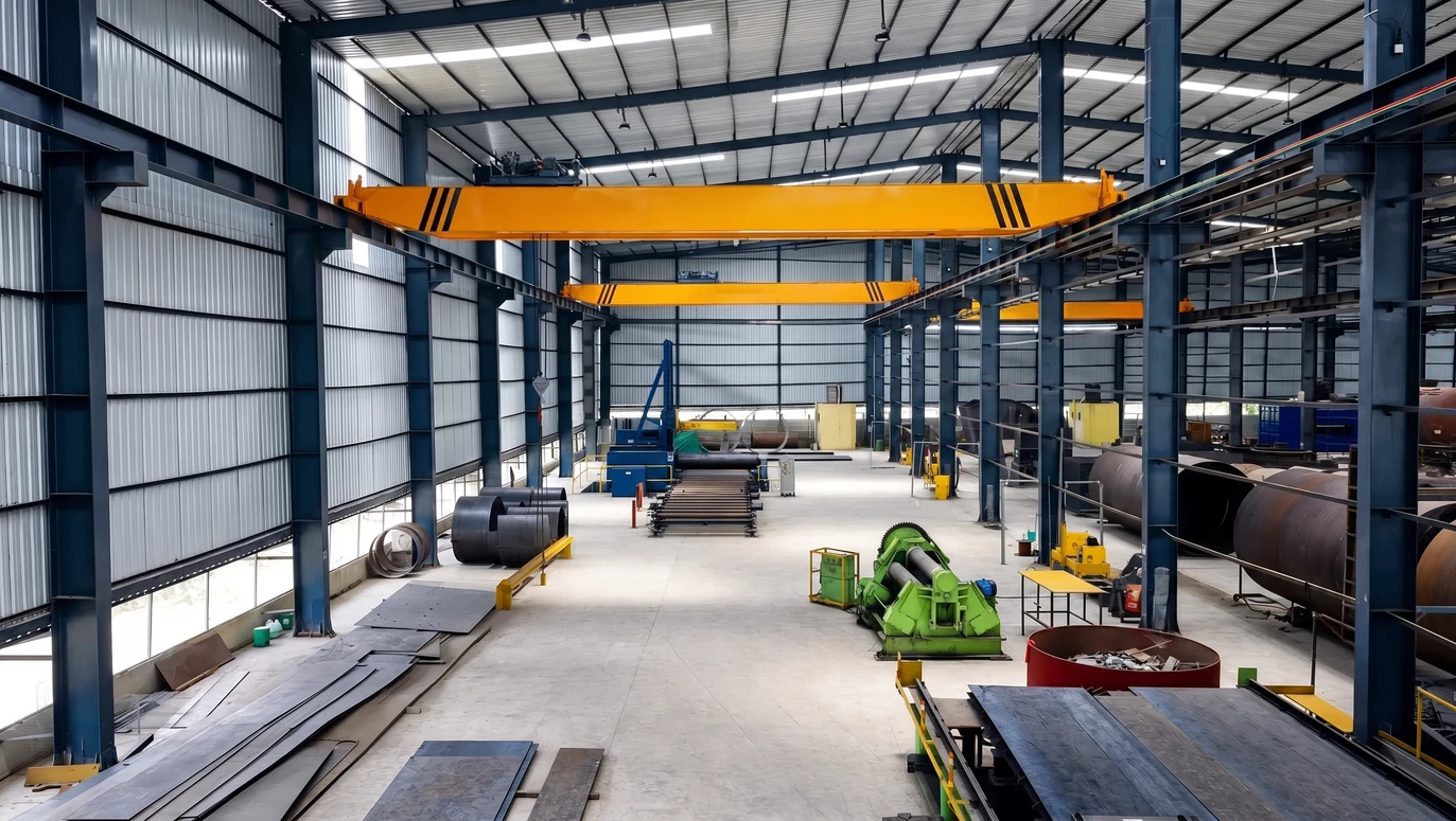 Main fabrication hall with overhead crane