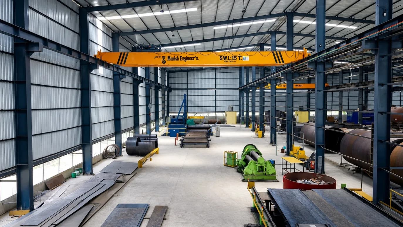 Main fabrication hall with overhead crane