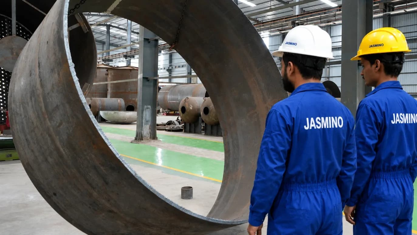 Fabrication team assembling a rolled vessel shell